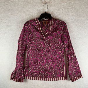 Tory Burch Blouse Women's Size 4 Magenta Cotton Paisley V-Neck Long Sleeve‎ 6570